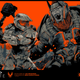 Master Chief fighting a giant ape in a halo poster.